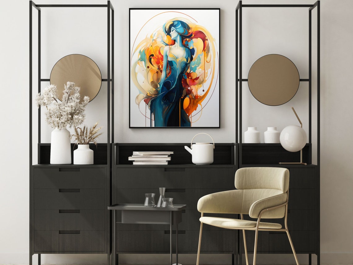 Art Nouveau Woman in Swirling Blue and Flame Orange Wall Poster - Image 2