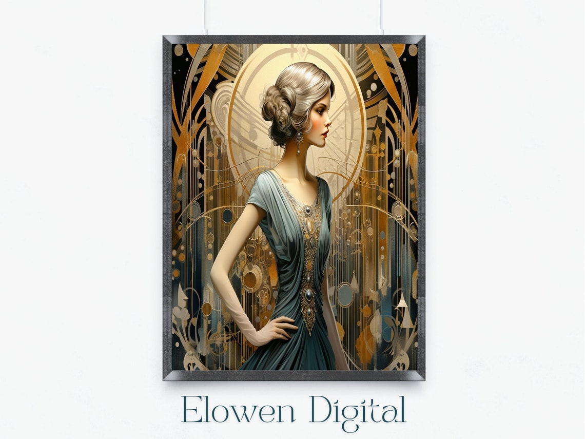 Art Deco Lady in Sage Green Gown with Golden Jeweled Bodice Poster
