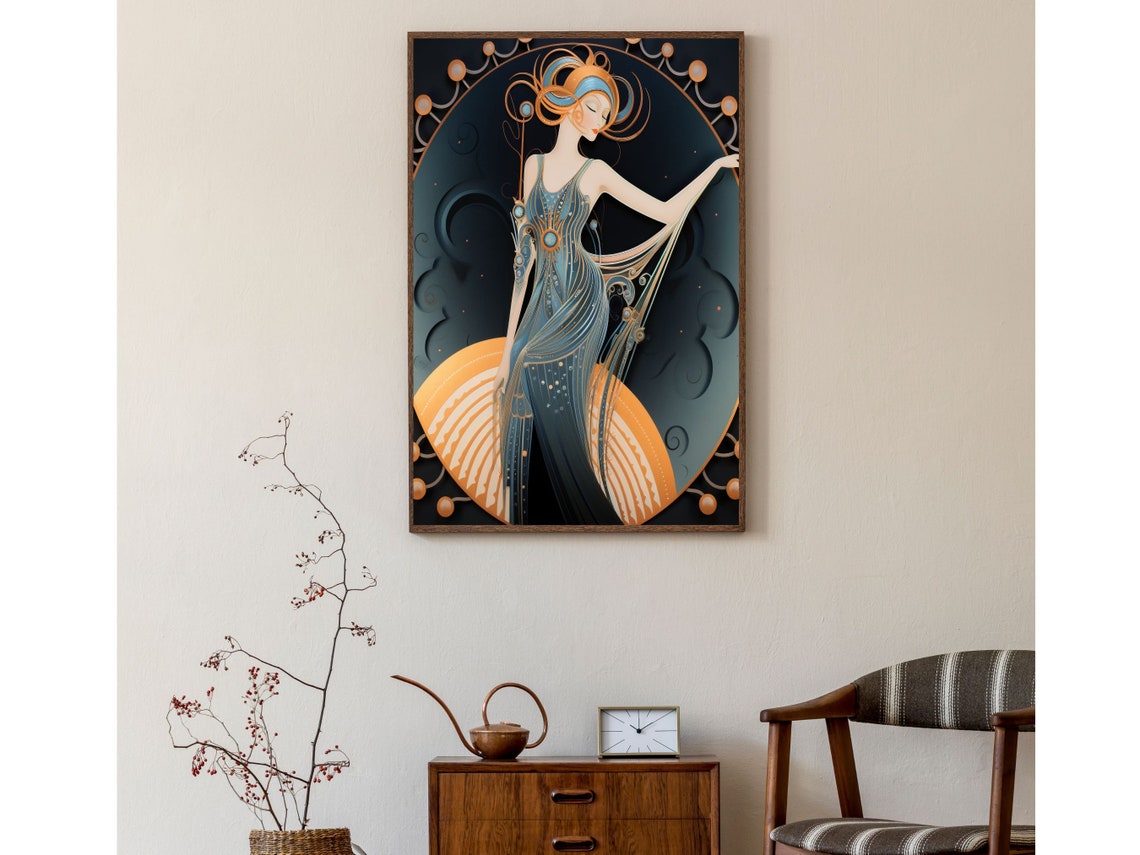 Art Deco Woman In Blue Gown With Crescent Moon Scene Wall Art - Image 4