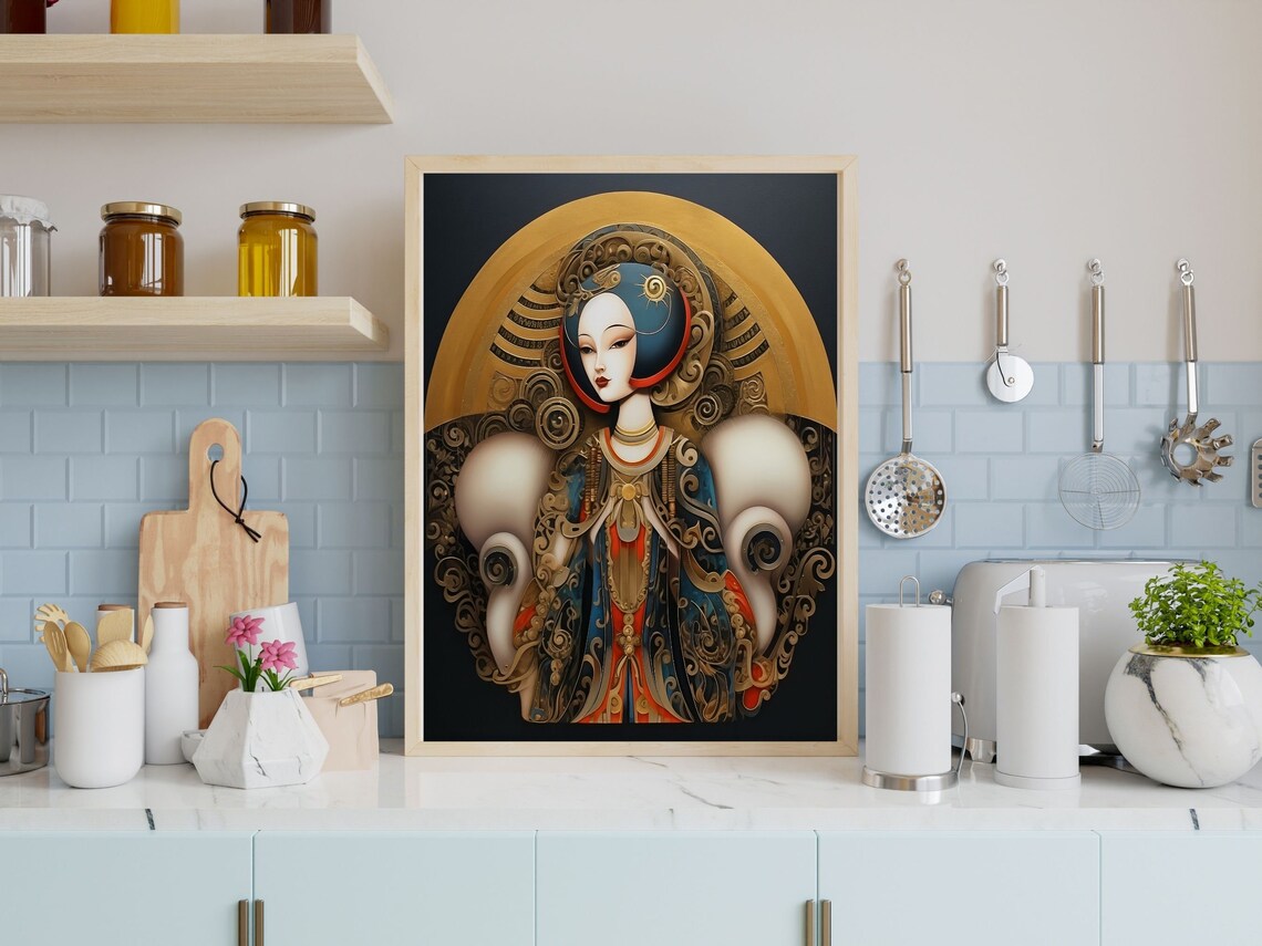 Ornate Art Deco Lady with Golden Halo Robe on Black Art Poster - Image 4