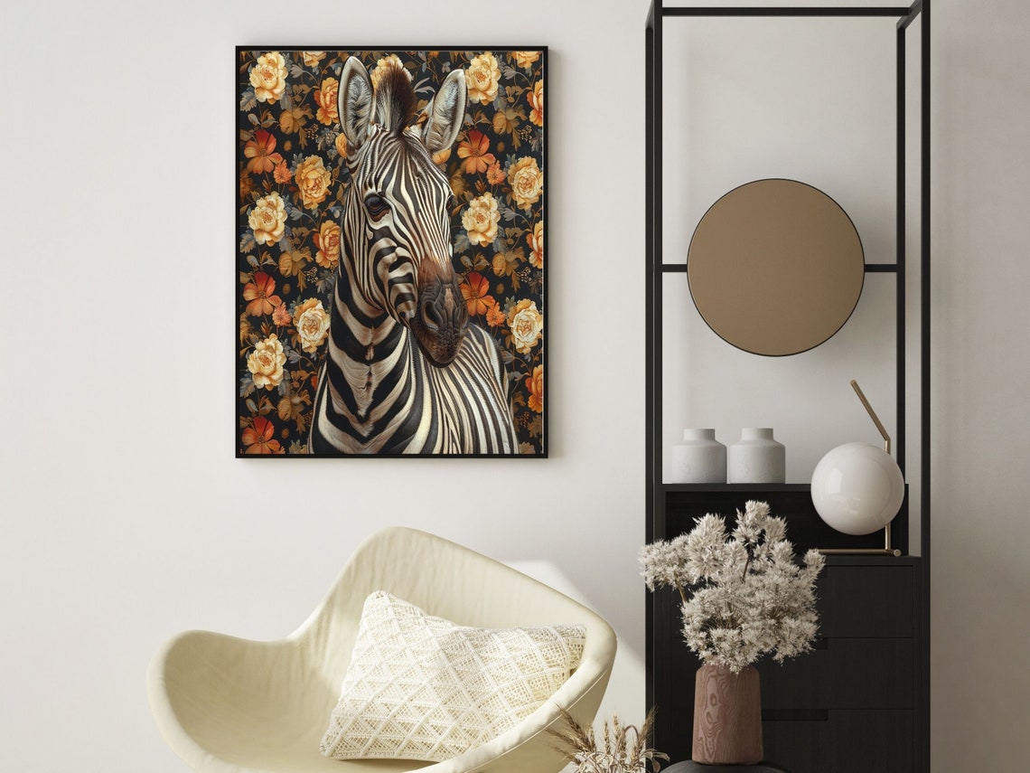 Zebra Portrait Against Dark William Morris Floral Backdrop Poster - Image 3