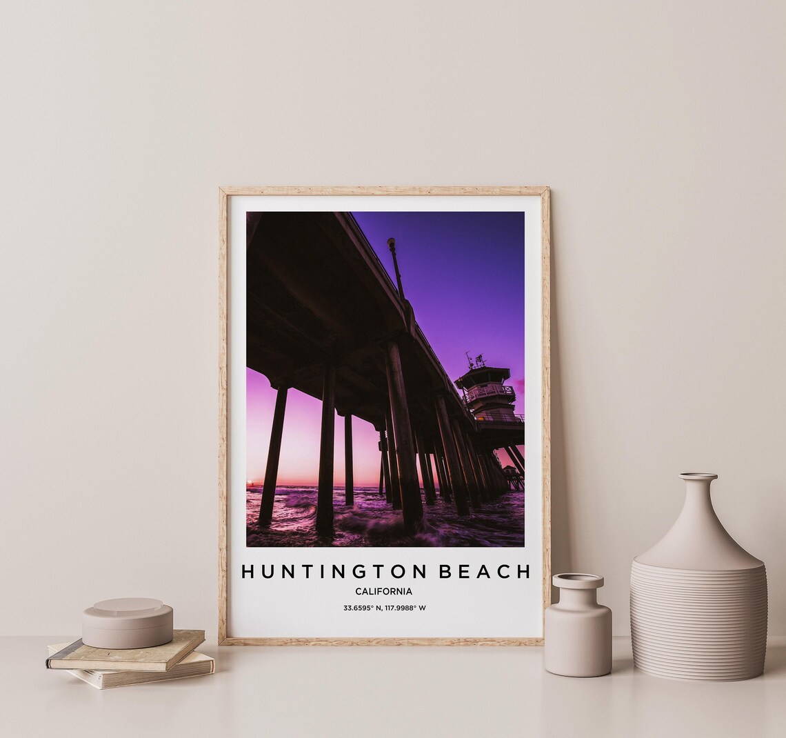 Huntington Beach California Pier Sunset Purple Sky Travel Poster - Image 2