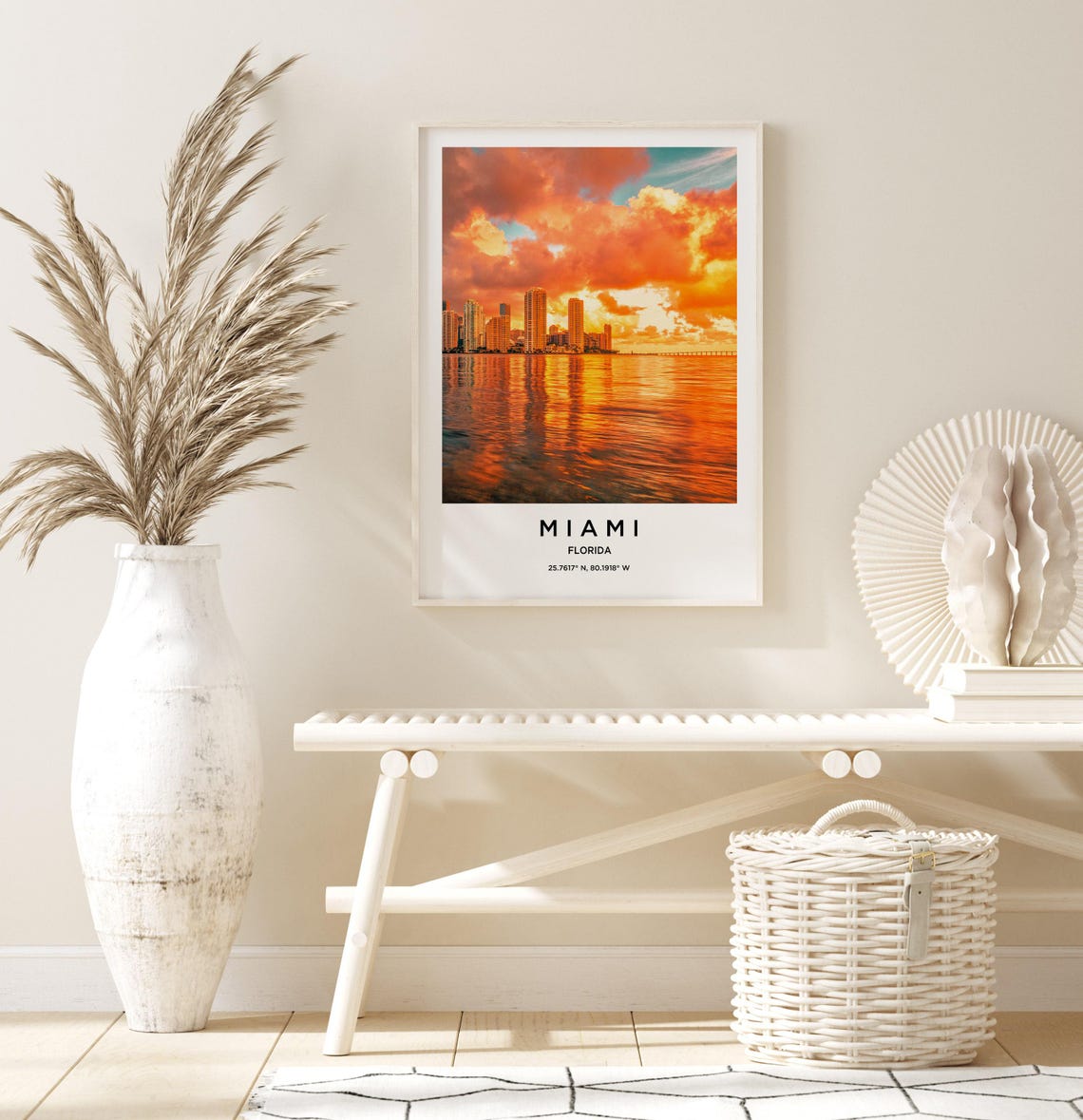 Miami Florida Fiery Orange Sunset Skyline Water Reflection Poster - Image 3
