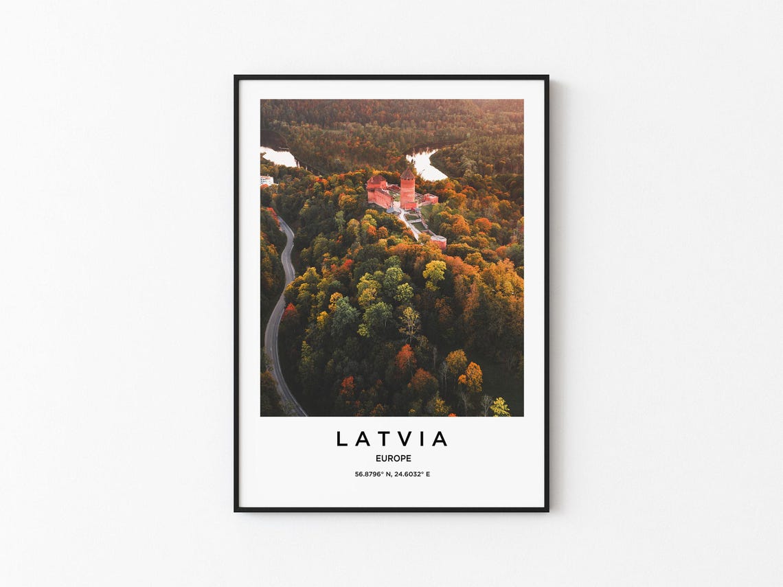 Latvia Castle in Autumn Forest Aerial Photography Travel Poster