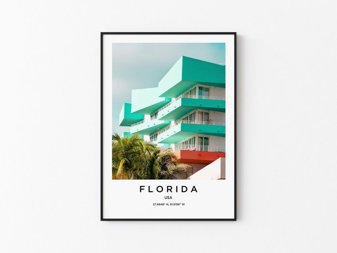 Florida Sunny Art Deco Hotel Facade Teal Tropical Modernism Poster