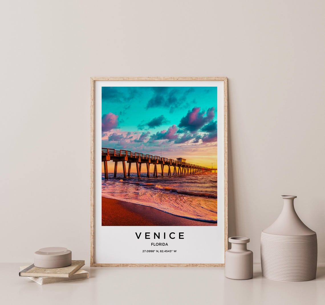 Venice Florida Ocean Fishing Pier Colorful Sunset Beach Poster - Image 2