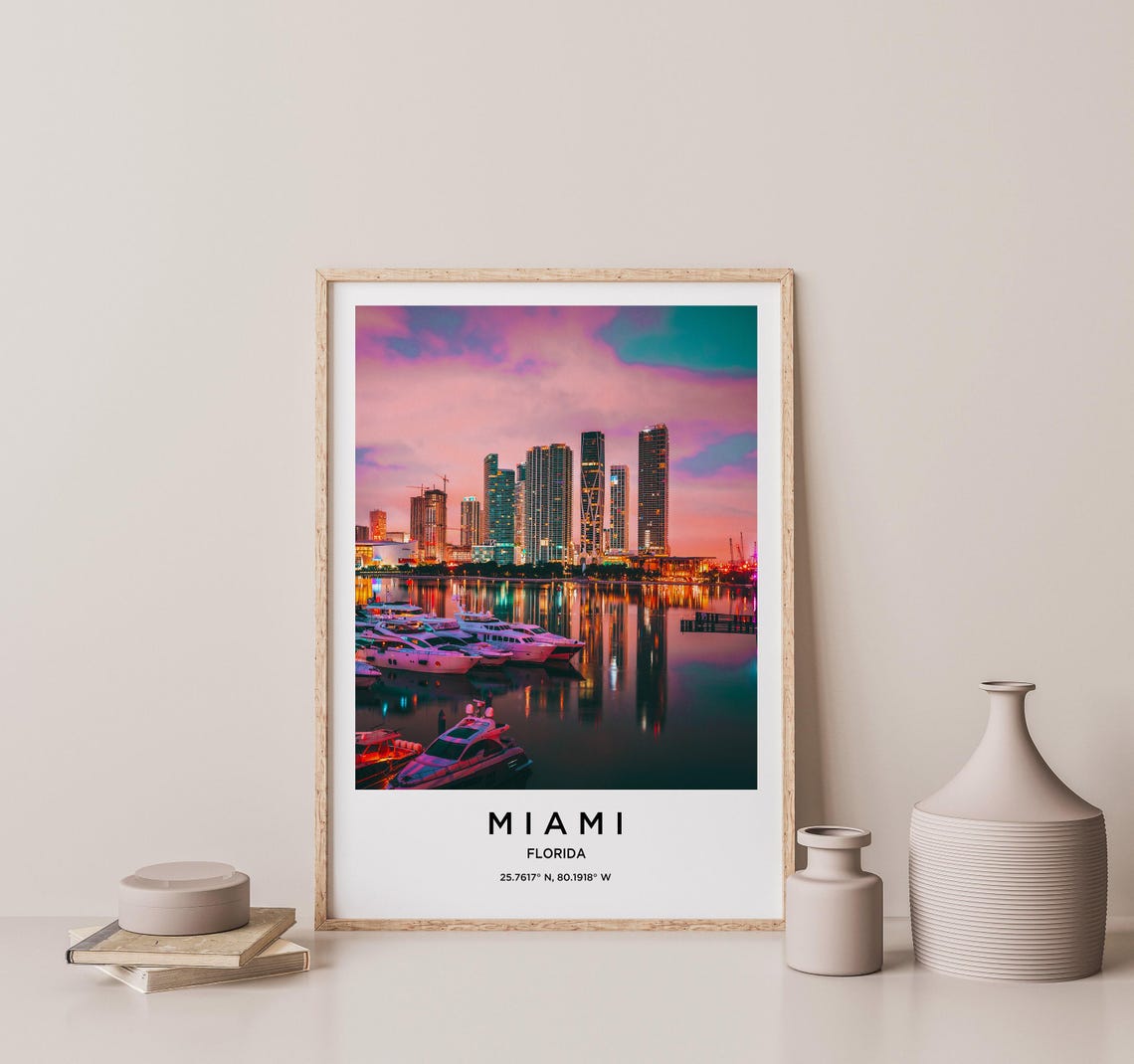 Miami Florida Downtown Skyline Glowing Sunset Marina Travel Poster - Image 2