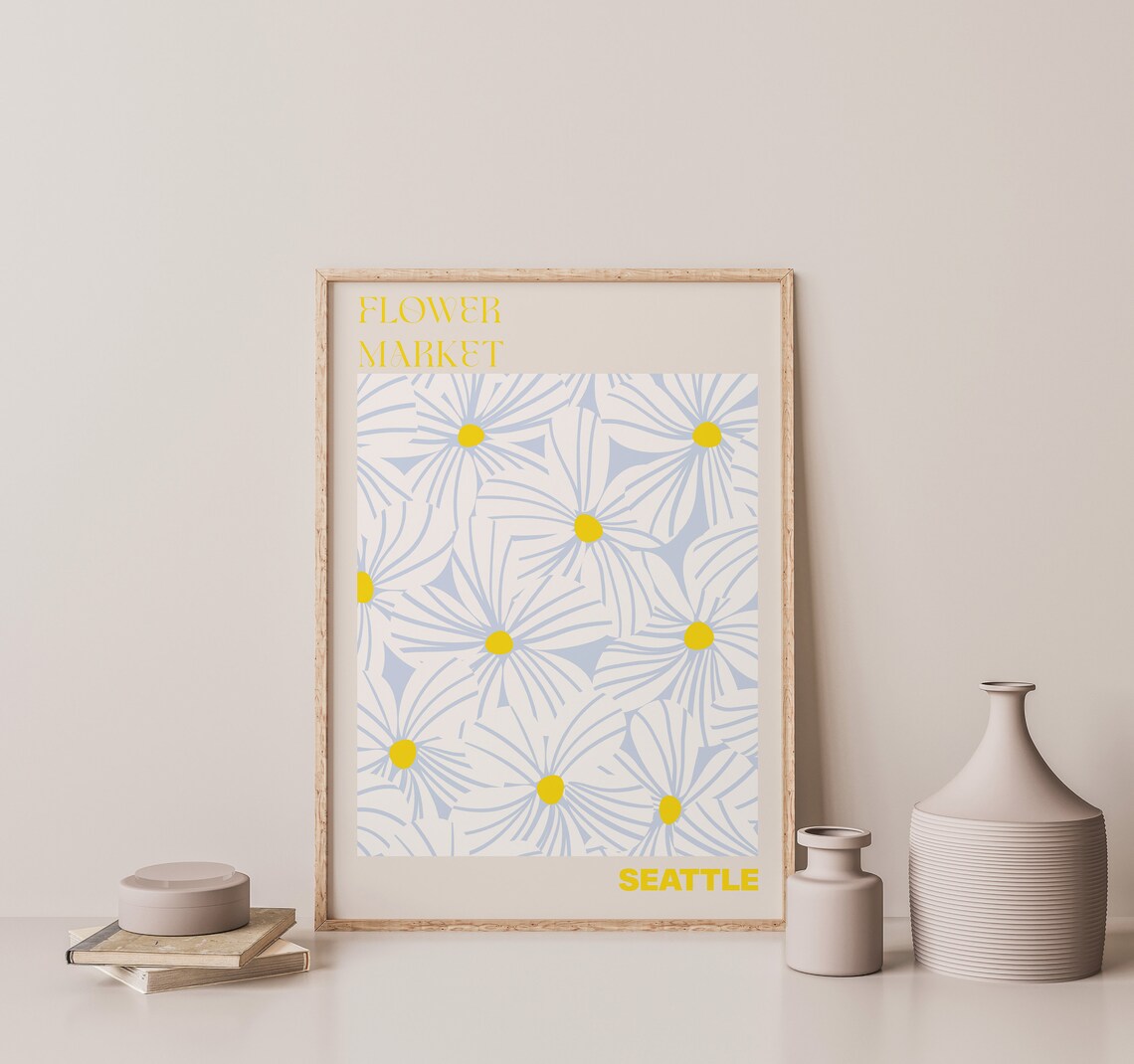 Seattle Flower Market Pale Blue Daisy Yellow Center Travel Poster - Image 3