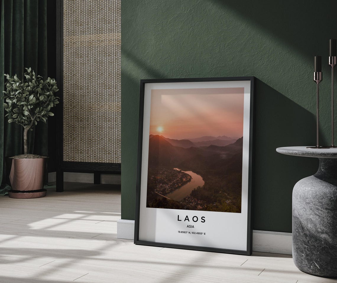 Laos Asia Golden Sunset Over River and Mountain Valley Poster - Image 2