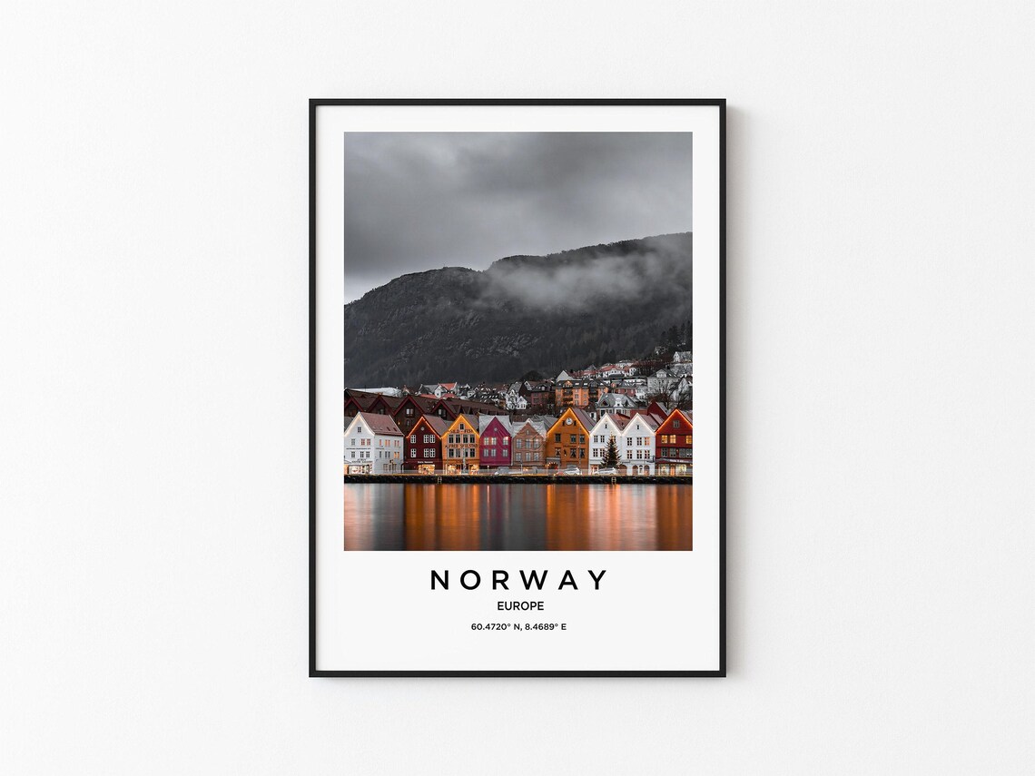 Norway Bergen Colorful Harbor Houses Fjord Mountains Travel Poster