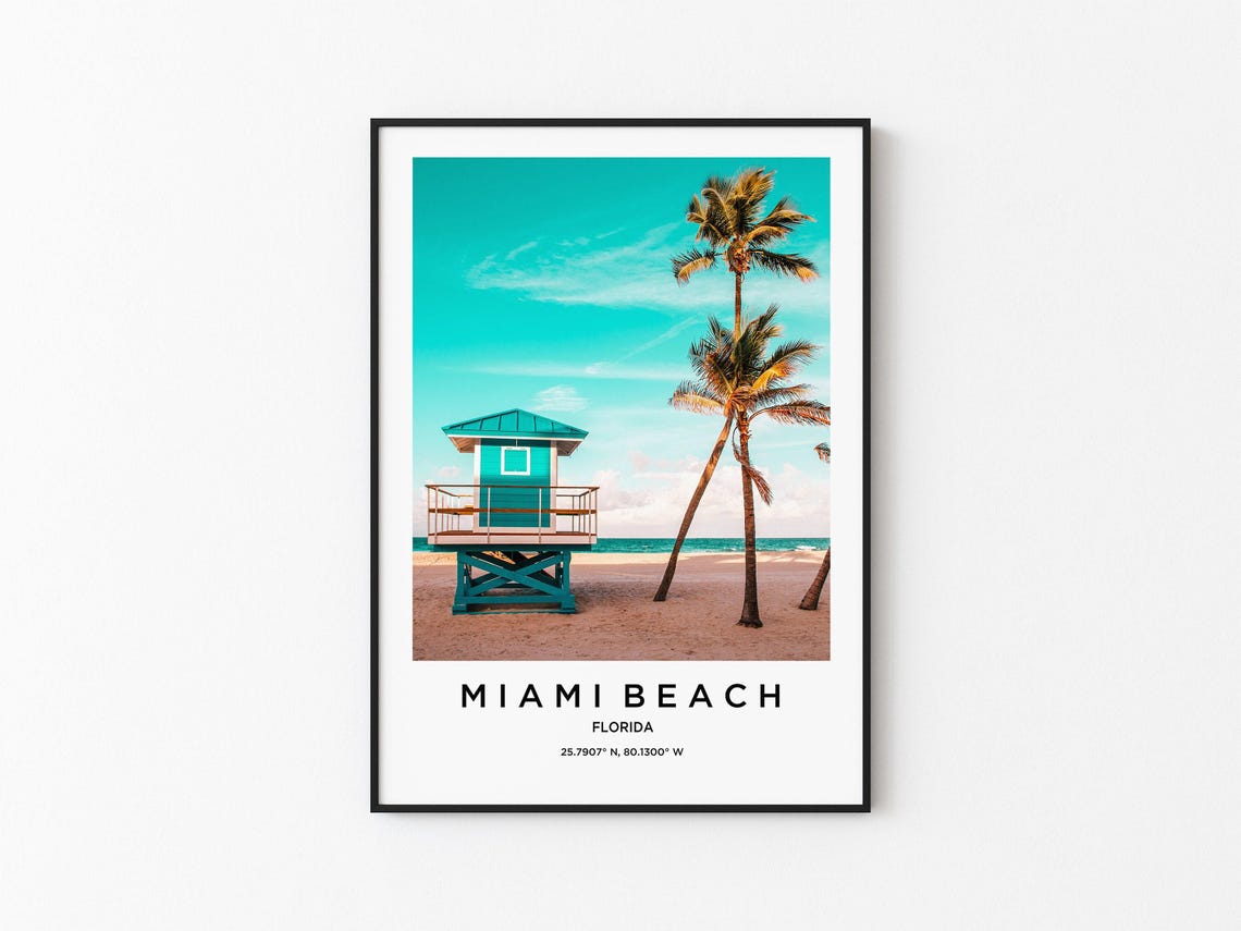 Miami Beach Teal Lifeguard Tower Palm Trees Beach Photo Poster