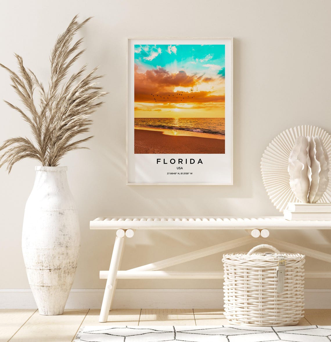 Florida USA Golden Sunset Beach and Birds Over the Ocean Poster - Image 3
