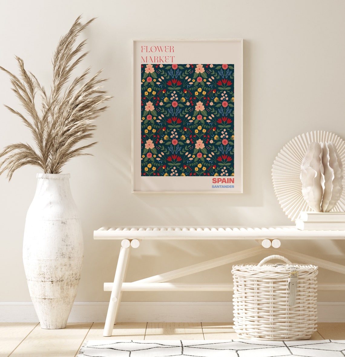 Spain Santander Flower Market Folk Floral Navy Pattern Poster - Image 2