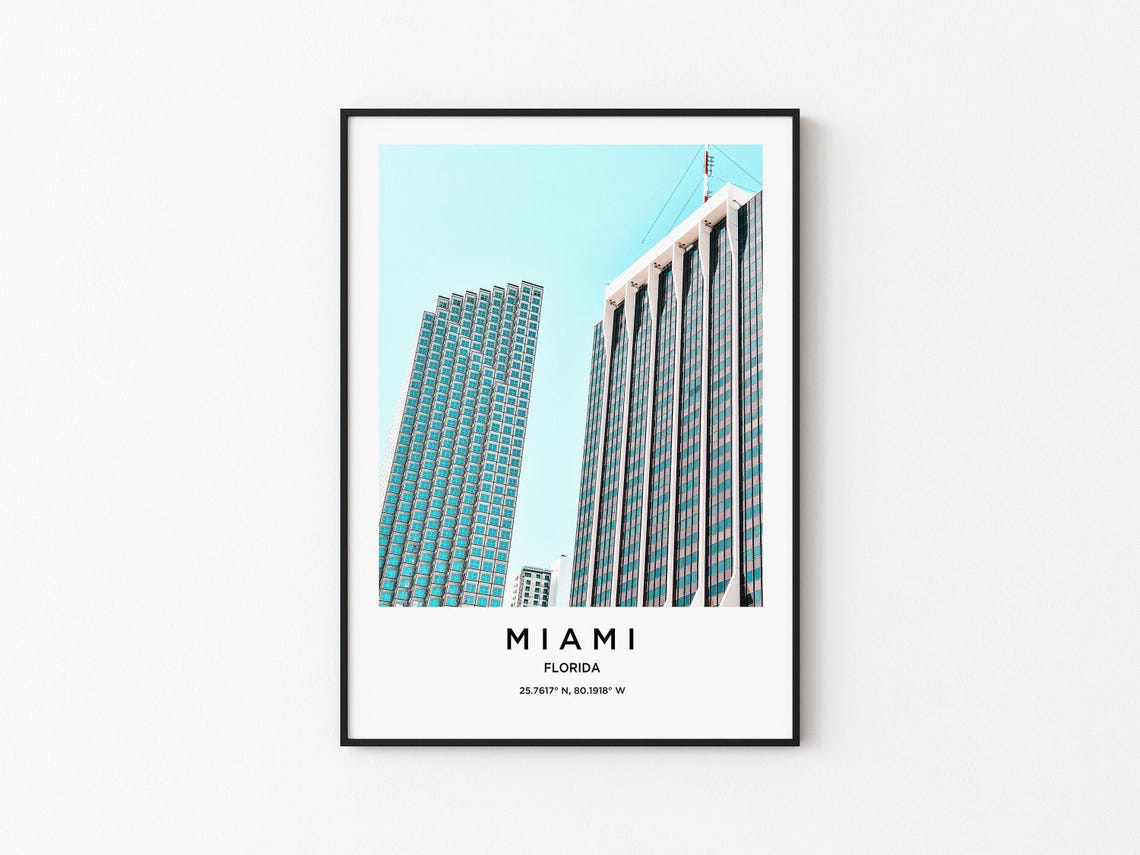 Miami Florida Downtown Skyscrapers Palm Trees Teal Sky Travel Poster