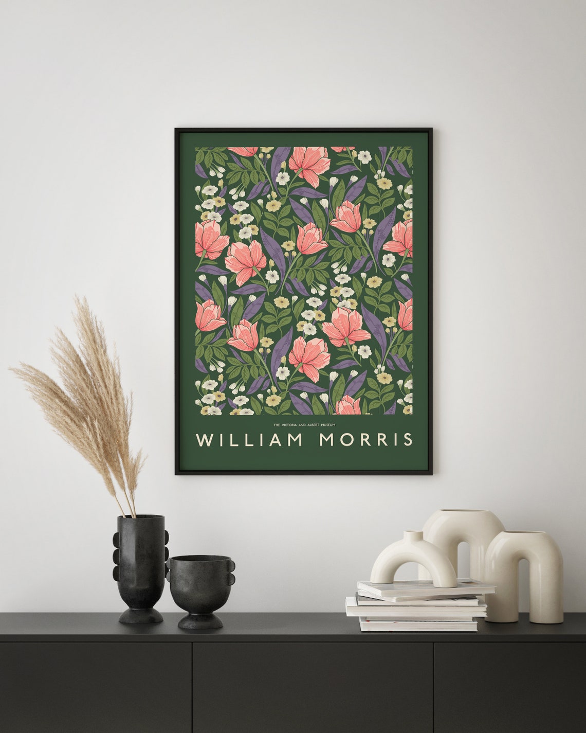 William Morris Pink Flowers Dark Green Botanical Pattern Poster - Image 2