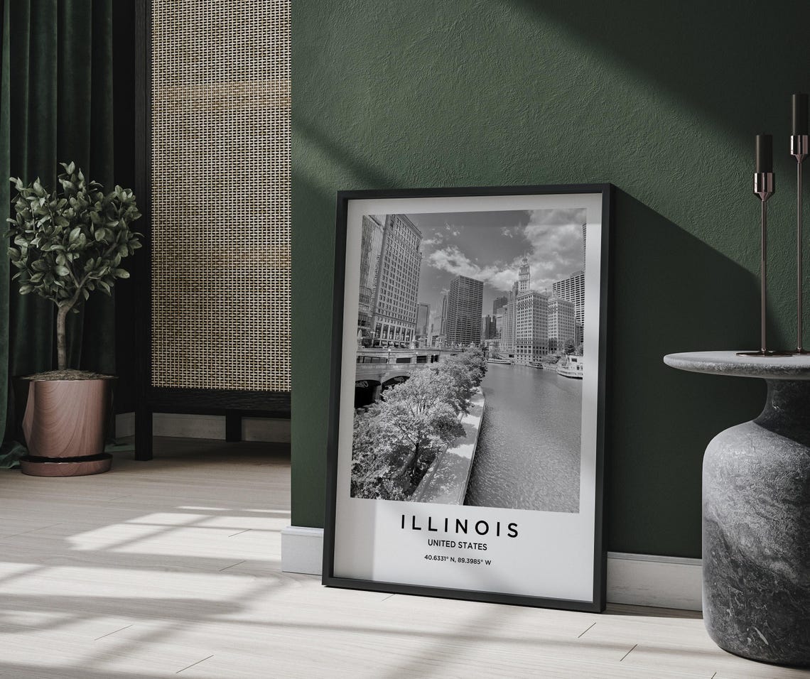 Illinois Chicago Riverwalk Downtown Black White Cityscape Poster - Image 2