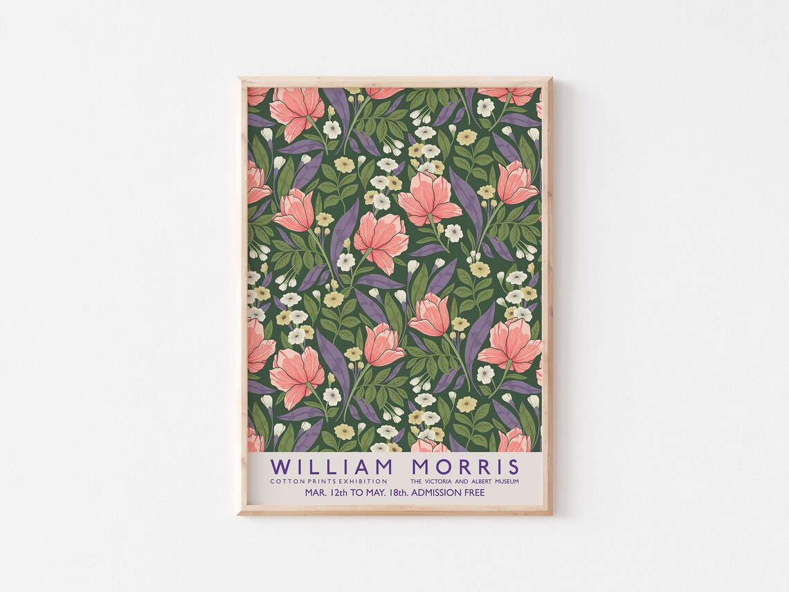 William Morris Cotton Prints Exhibition Pink Tulip Dark Green Poster - Image 3