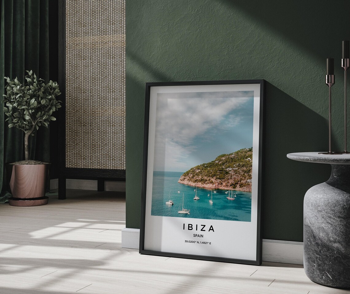 Ibiza Spain Sailboats Anchored Bay Rocky Coast Travel Poster - Image 2
