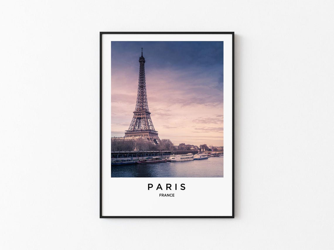 Paris France Eiffel Tower Seine River Dusk Boats Skyline Poster
