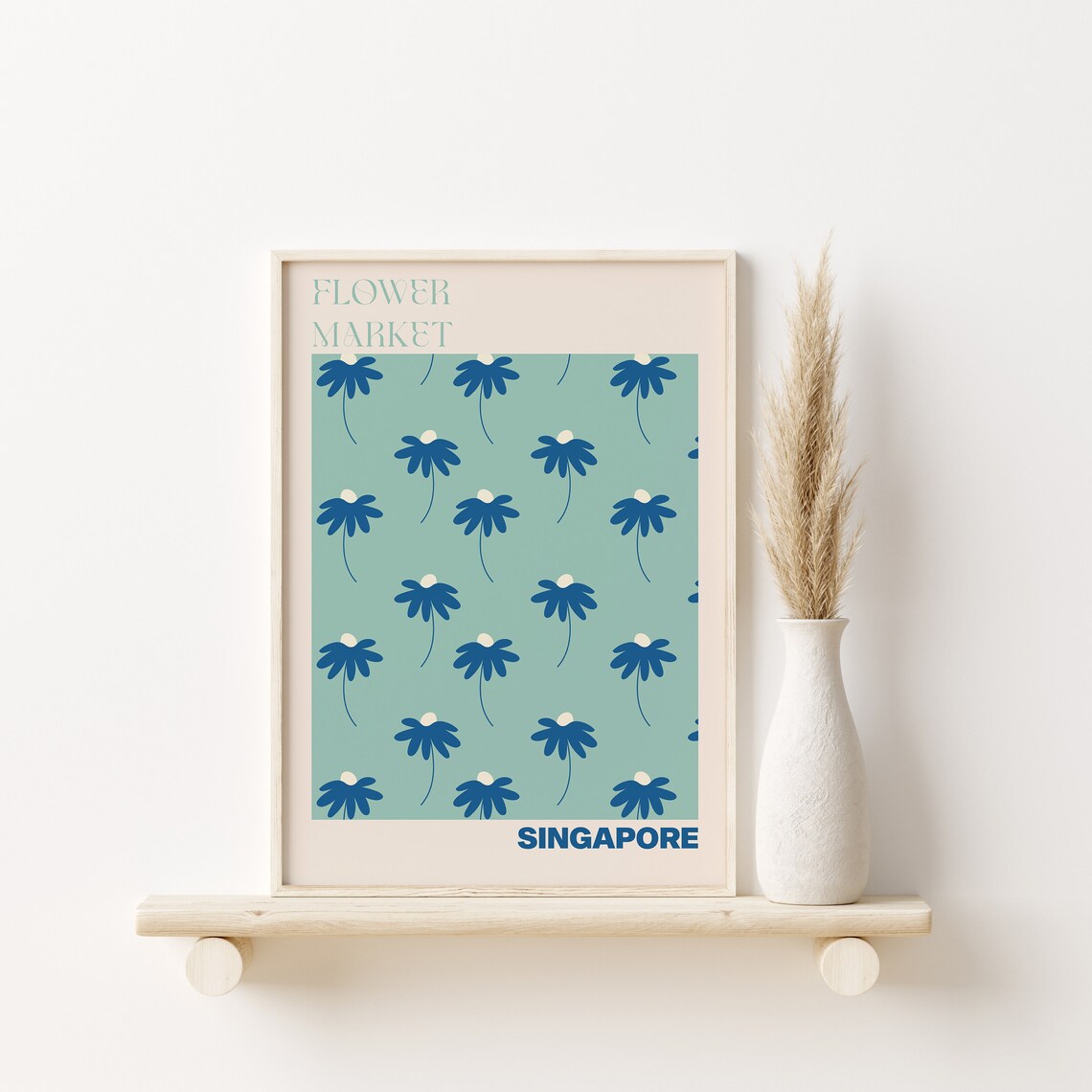 Singapore Flower Market Poster Navy Blossom Mint Floral Artwork - Image 3