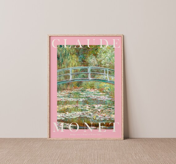 Claude Monet Bridge Over Water Lilies Pond Pink Border Poster