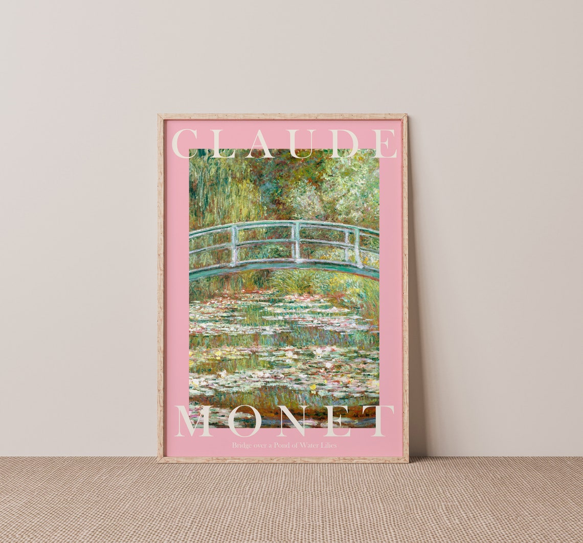 Claude Monet Bridge Over Water Lilies Pond Pink Border Poster