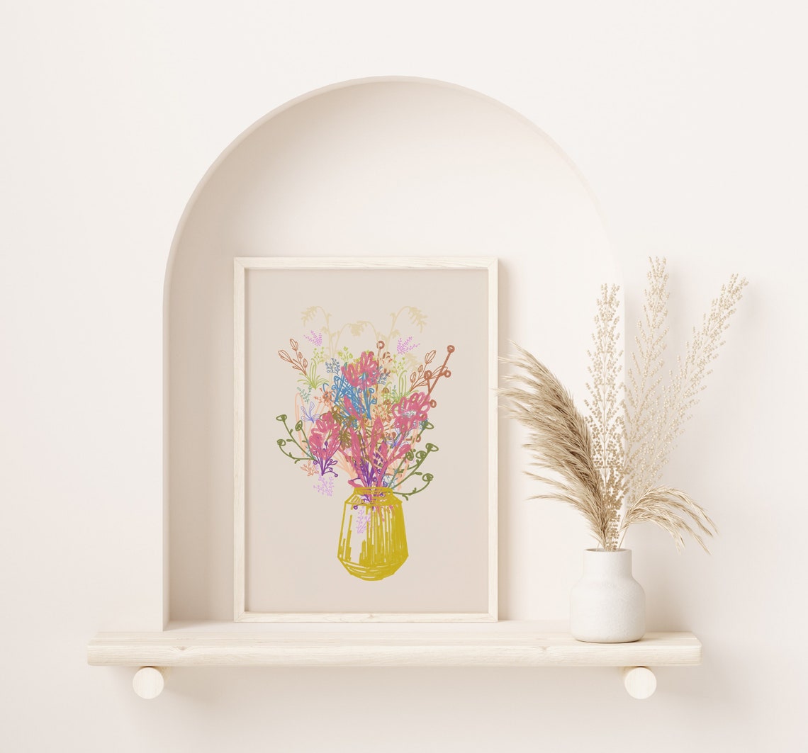 Vibrant Wildflower Bouquet Yellow Vase Beige Floral Art Poster