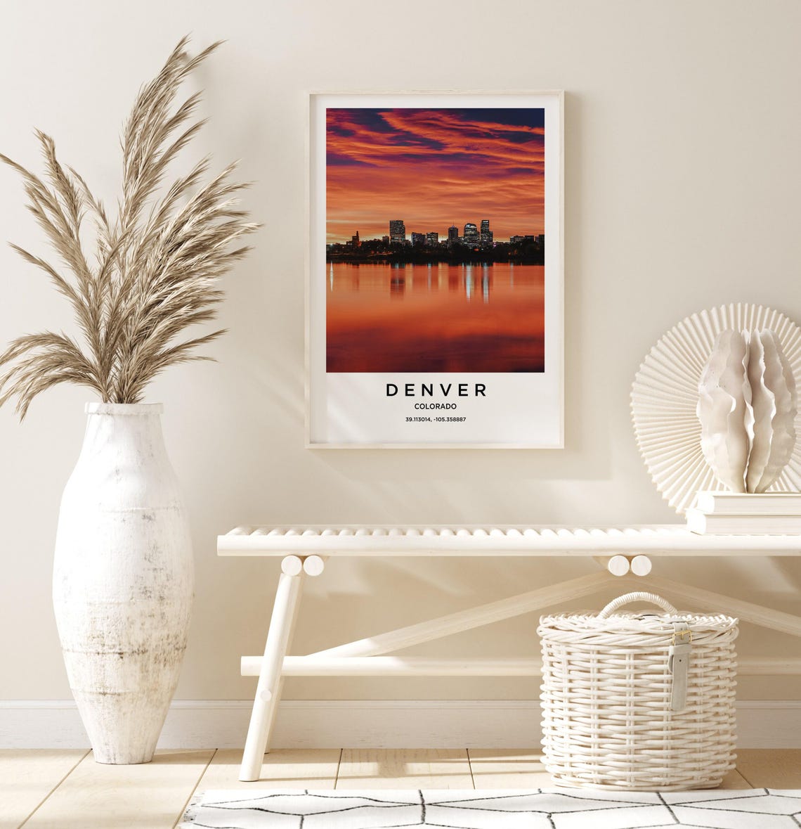 Denver Colorado Fiery Sunset Skyline Water Reflection Photo Poster - Image 3