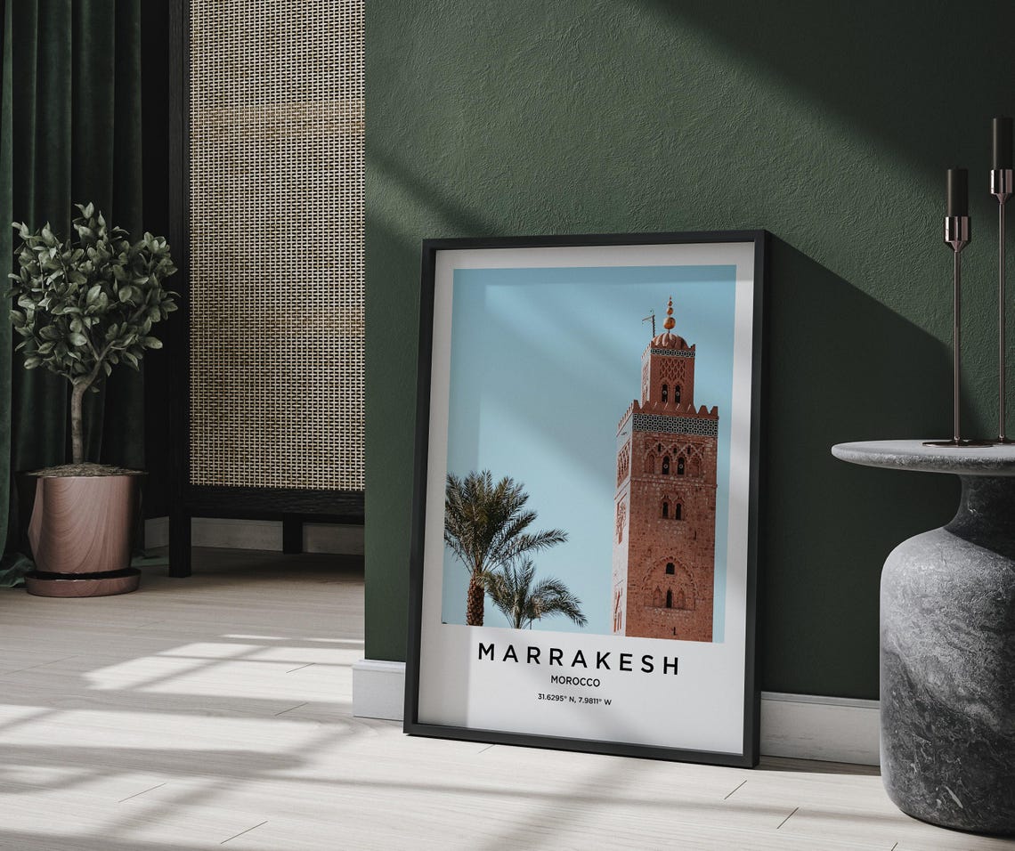 Marrakesh Morocco Historic Minaret Tower and Palm Trees Skyline Poster - Image 2