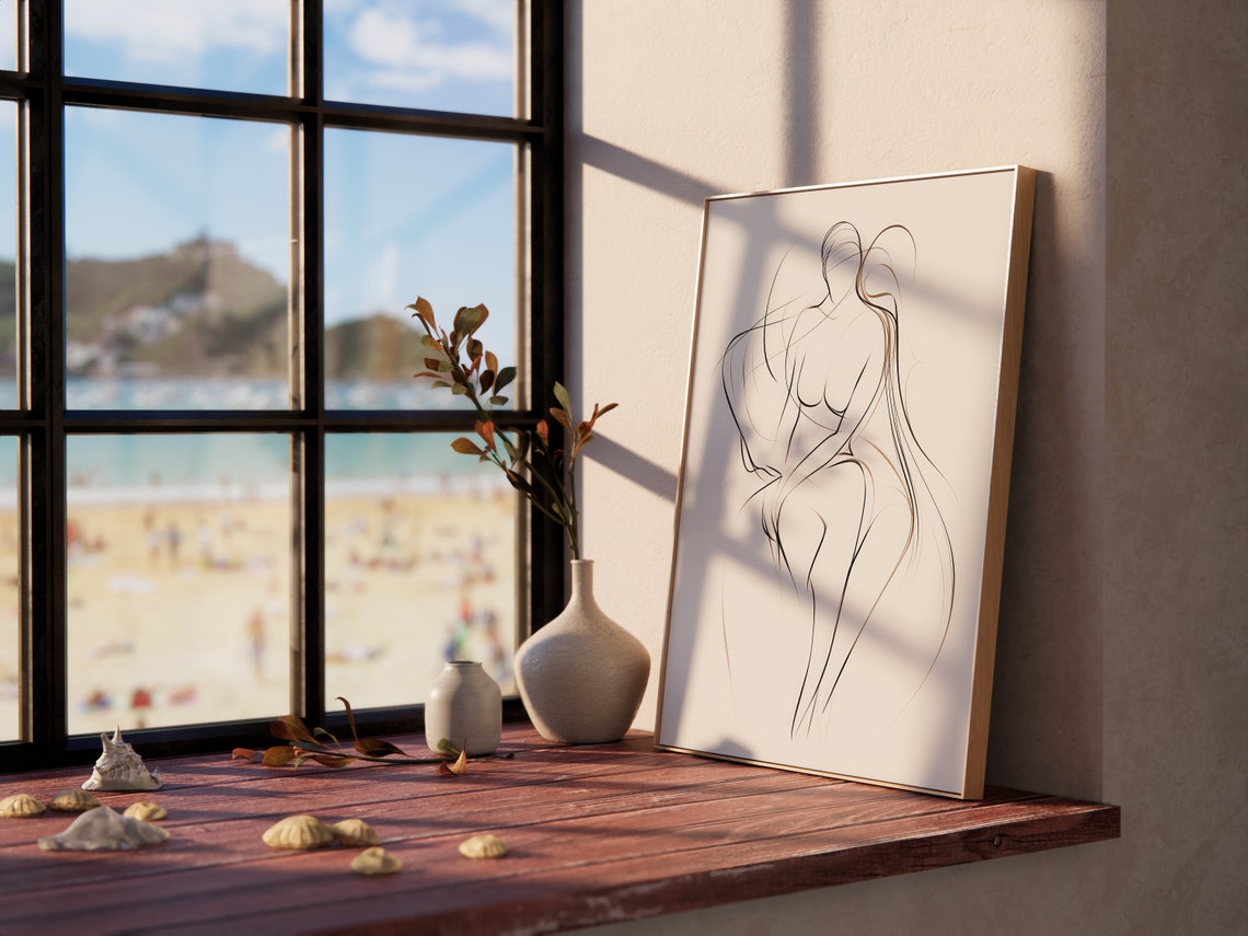 Female Body Line Art Minimalist Beige Abstract Figure Drawing Poster - Image 4
