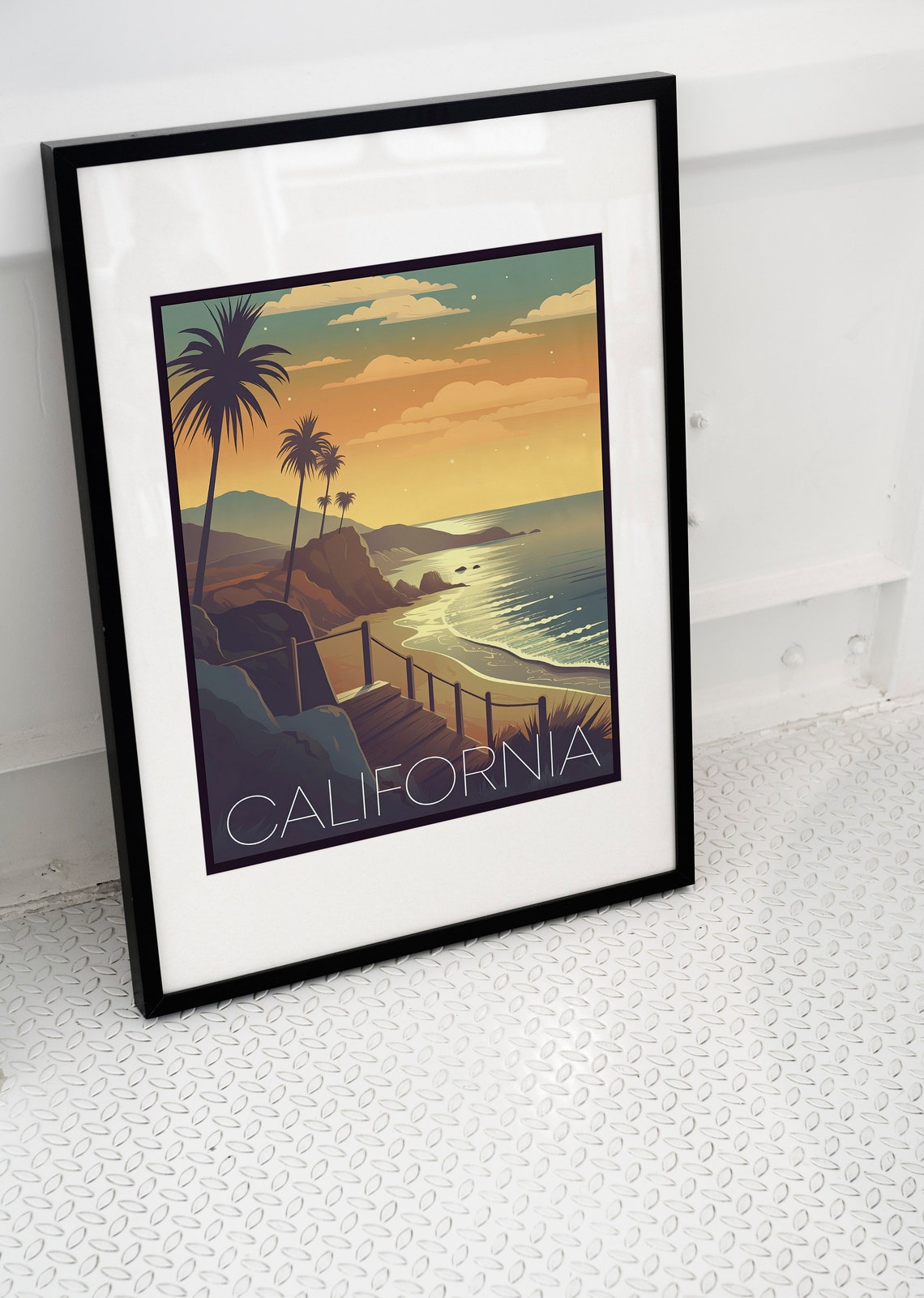 California Coast Retro Sunset Cliffs Palms Beach Travel Poster - Image 2