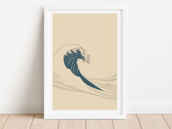 Japanese Great Wave Minimalist Navy Coastal Ocean Line Art Poster