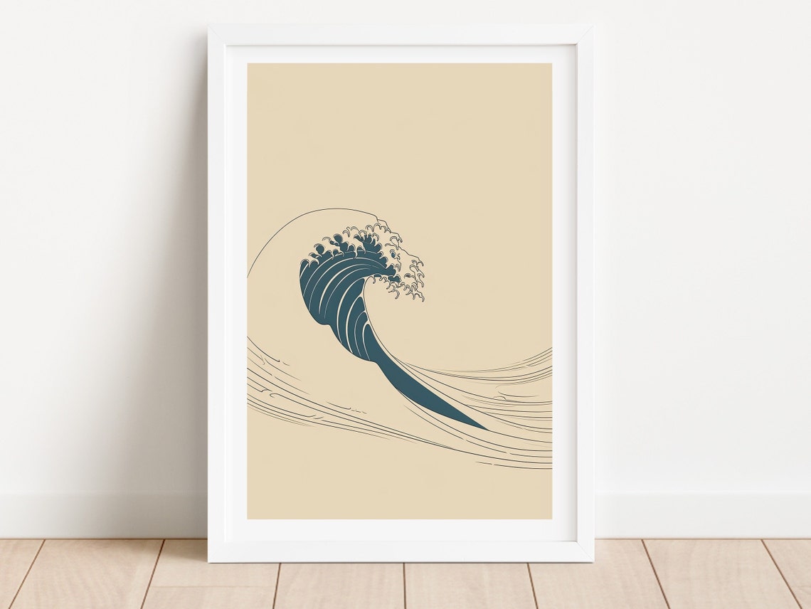 Japanese Great Wave Minimalist Navy Coastal Ocean Line Art Poster