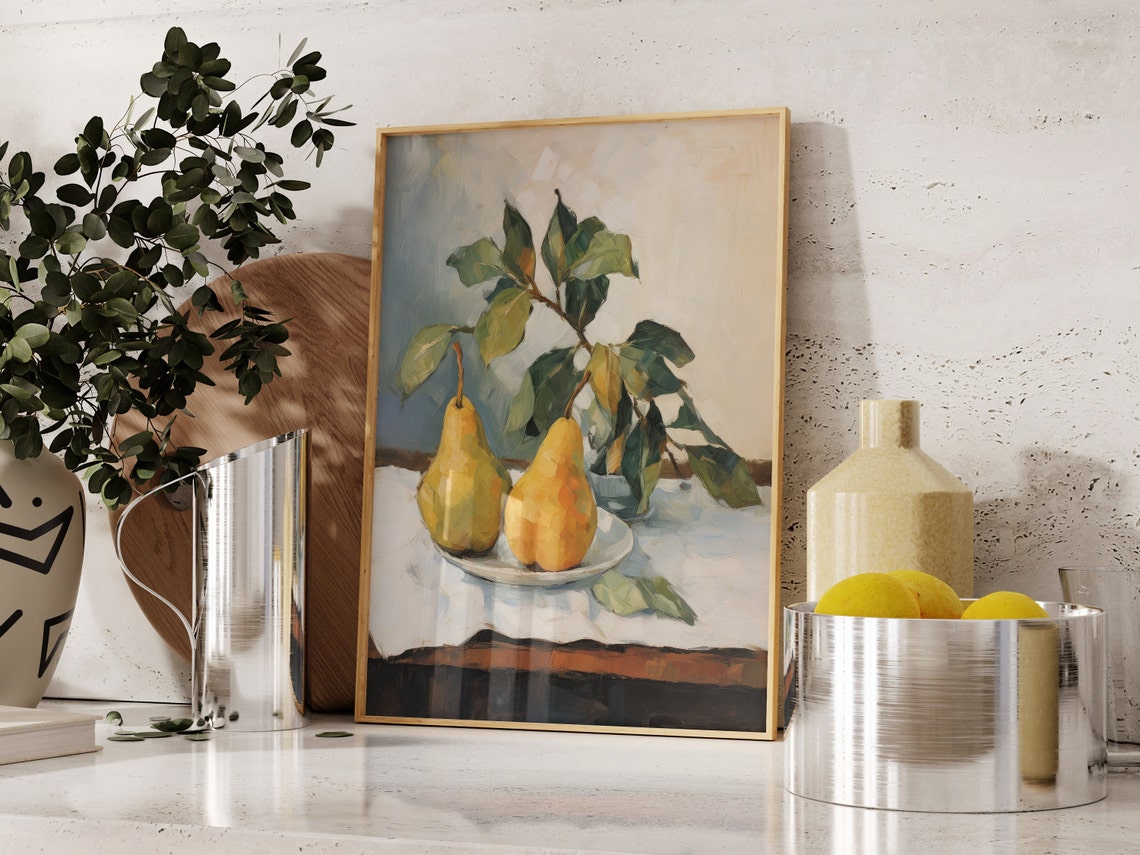 Two Pears Still Life Oil Painting Kitchen Fruit Bowl Rustic Wall Art - Image 4