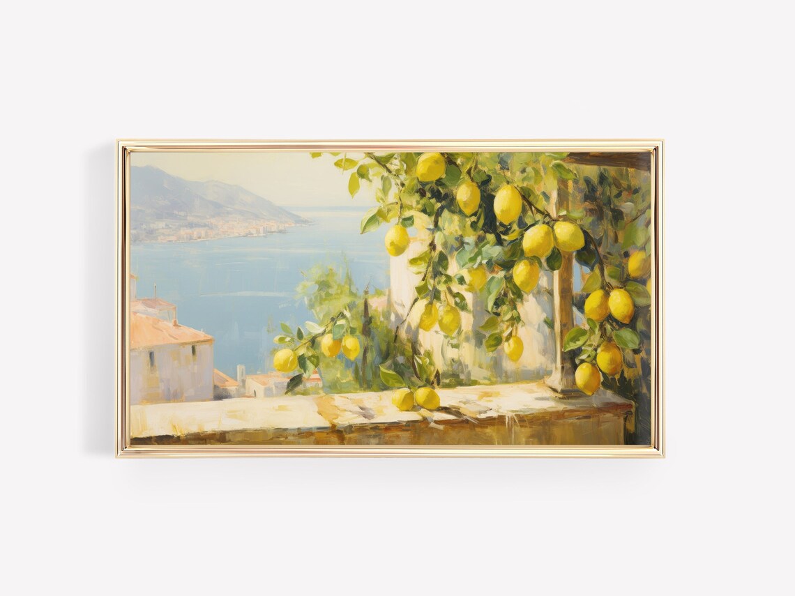 Lemon Tree Terrace Sunlit Mediterranean Coastal Town Painting Wall Art - Image 3