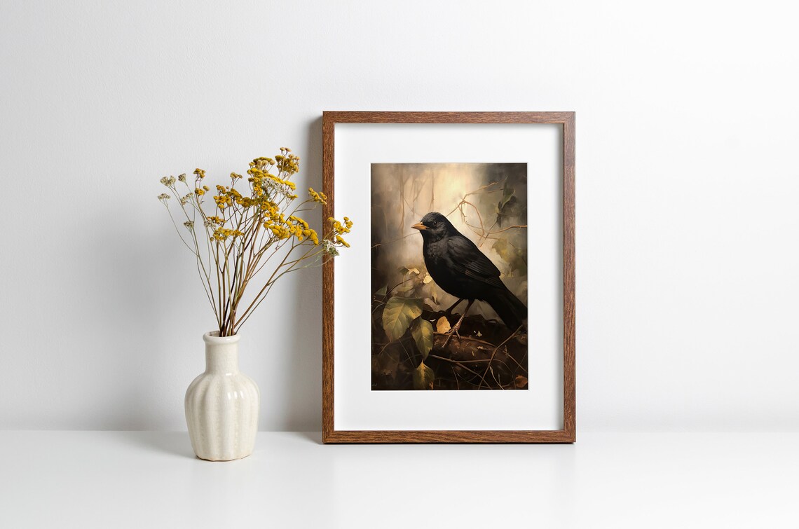 Vintage Blackbird Oil Painting Moody Bird Portrait Art Print - Image 3