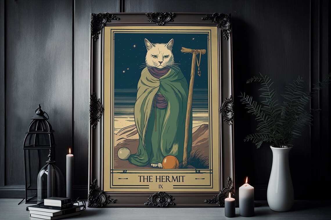 The Hermit Tarot Card Cat Boho Witchy Vintage Night Sea Art Poster - Image 3