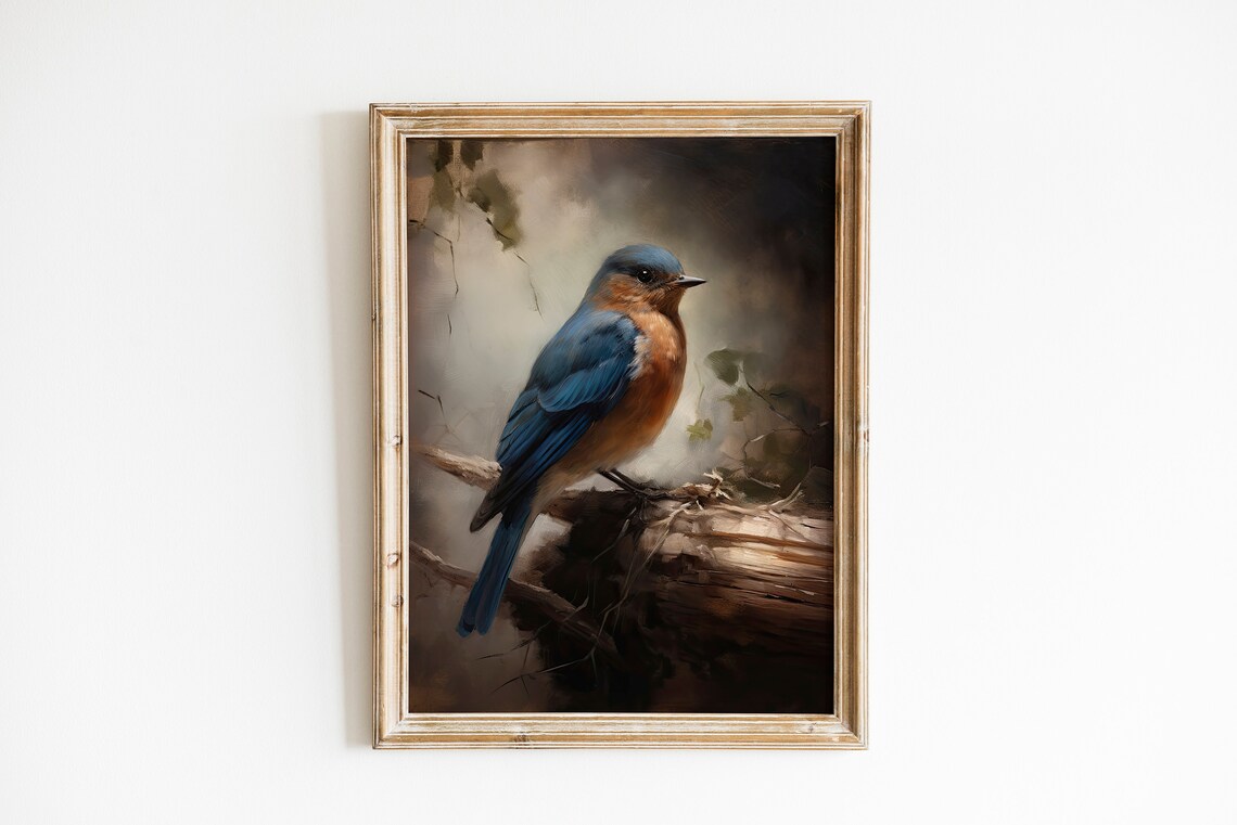 Vintage Eastern Bluebird Oil Painting Blue Bird Portrait Art Print - Image 2