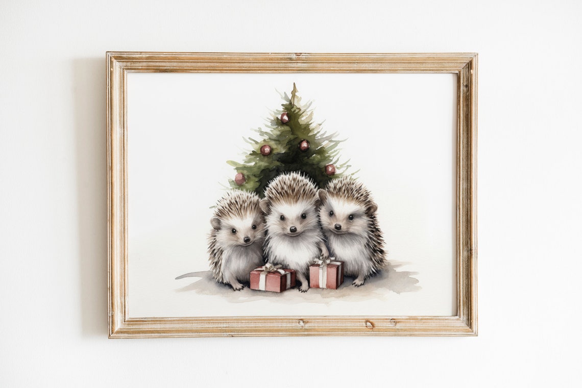 Cute Three Christmas Hedgehogs by Tree Watercolor Holiday Poster - Image 2