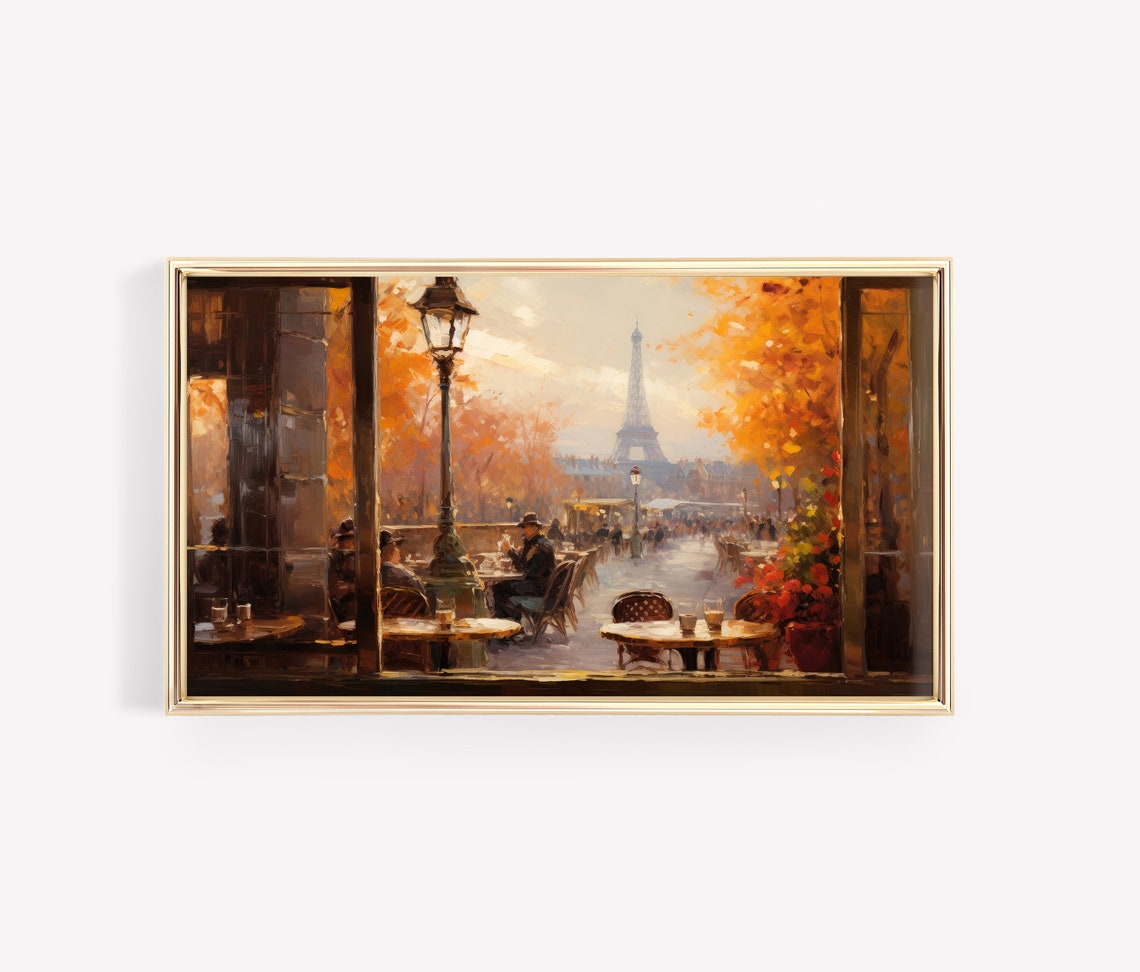 Paris Cafe With Eiffel Tower View Autumn Street Scene Poster - Image 3