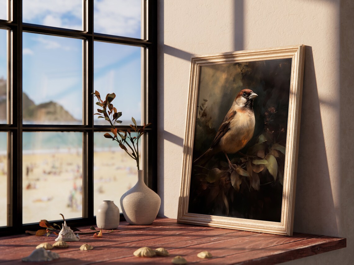 Vintage House Sparrow Oil Painting Moody Bird Portrait Art Print - Image 4
