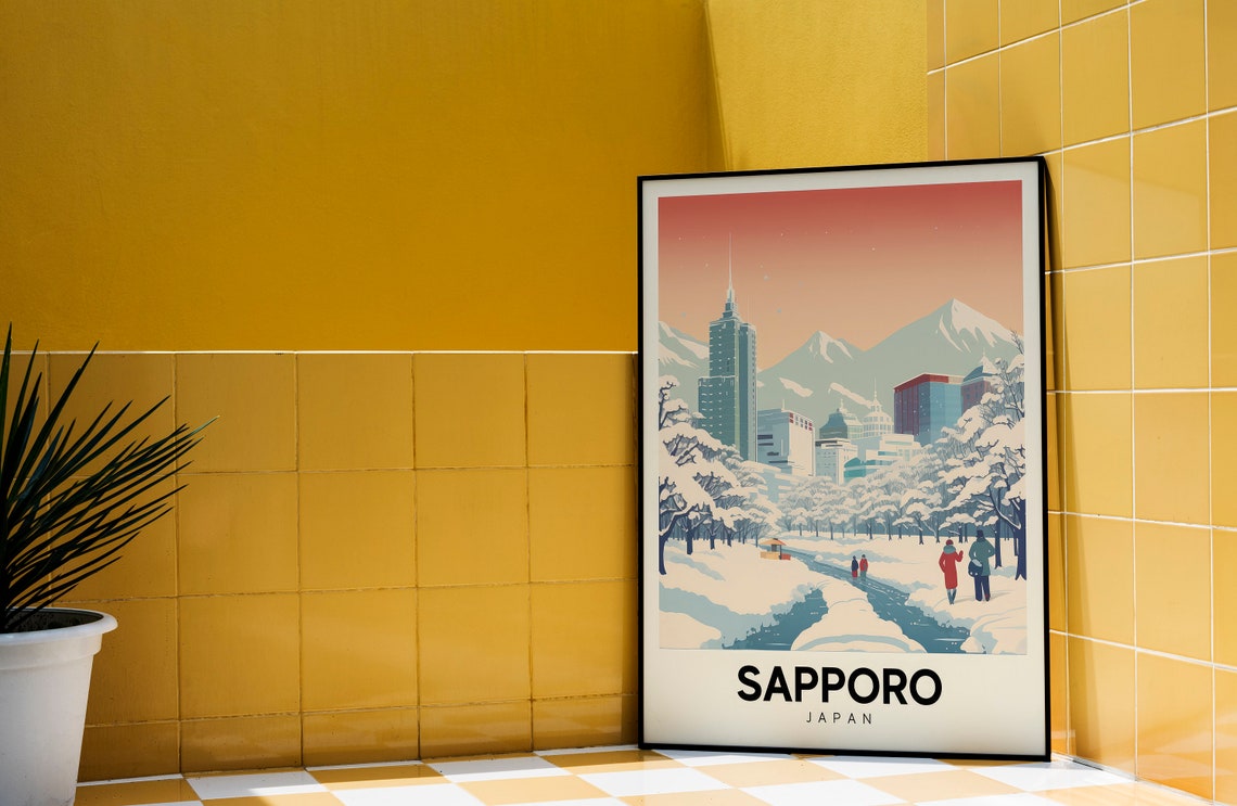 Sapporo Japan Snowy Winter City Mountains Retro Travel Style Poster - Image 3
