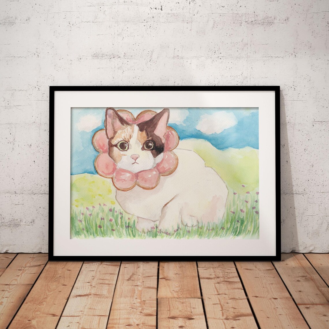 Calico Cat With Pink Flower Collar, Watercolor
