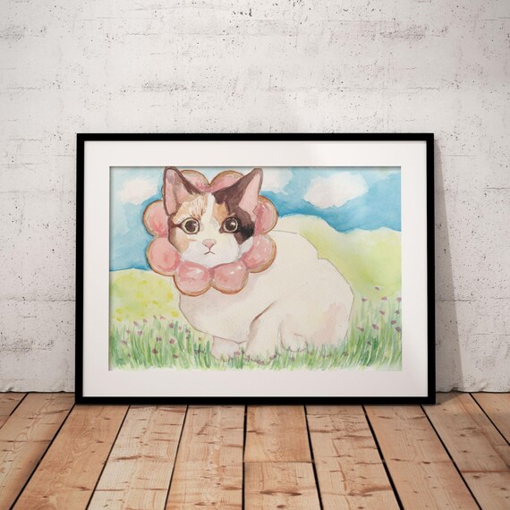 Calico Cat With Pink Flower Collar, Watercolor
