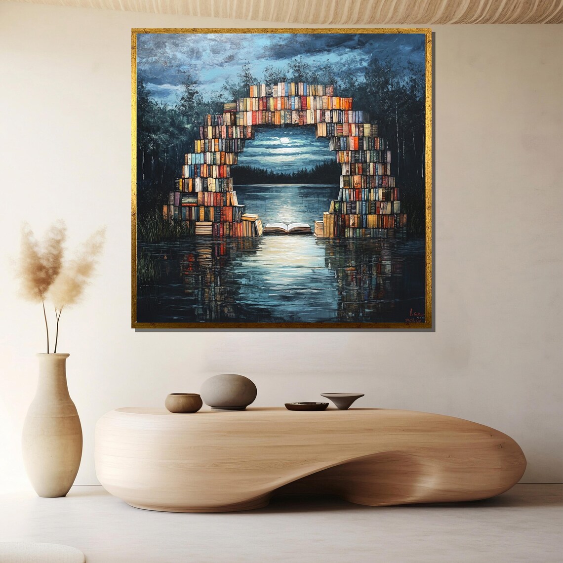 Dreamy Book Arch Over Moonlit Lake Fantasy Reading Nook Art Poster