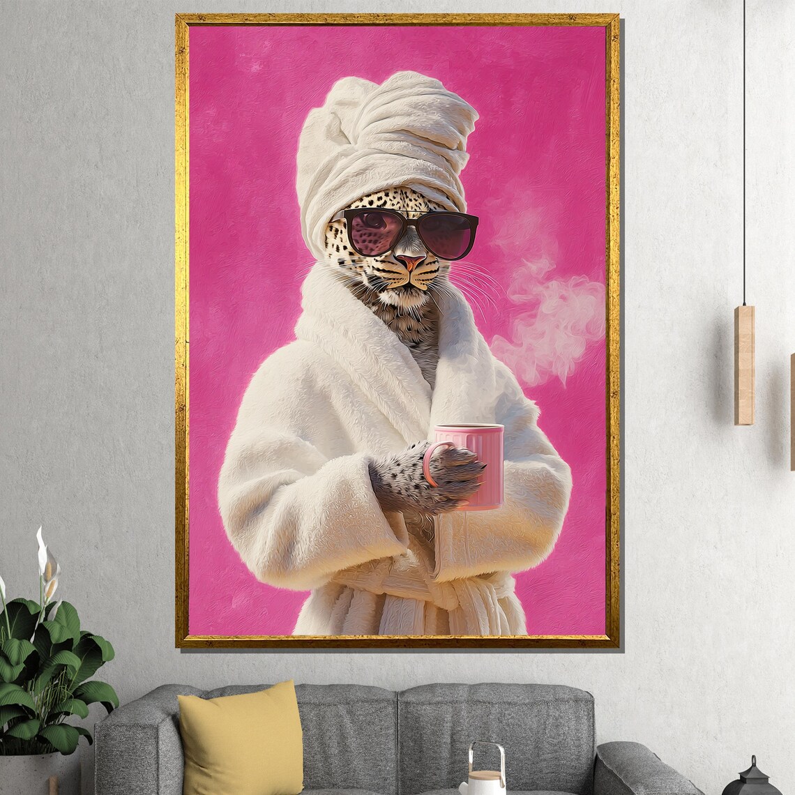 Playful Leopard in Bathrobe and Sunglasses Pink Pop Art Funny Poster - Image 4
