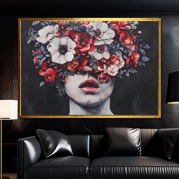 Floral Silence Mysterious Woman Portrait With Blooming Crown Of Red And White Flowers Evoking Hidden Emotion Bold Botanical Beauty