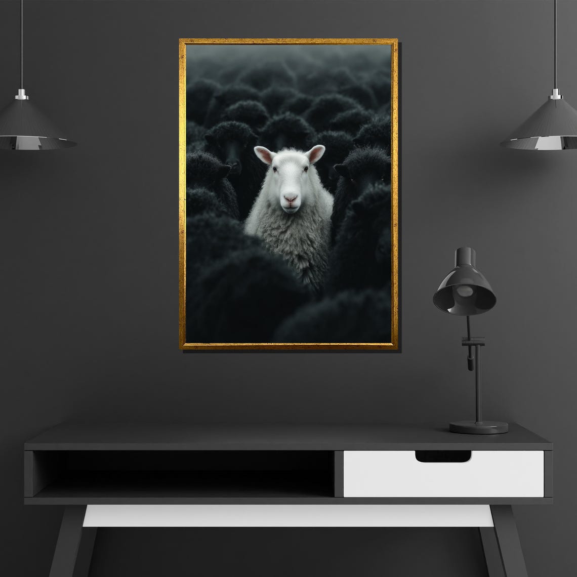 Lone White Sheep Among Black Flock Bold Contrast Photo Poster - Image 2