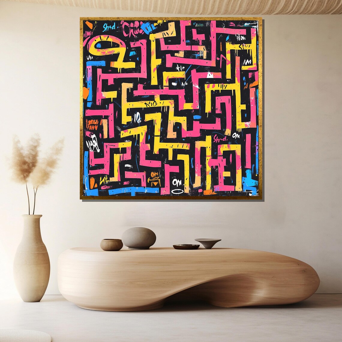 Neon Graffiti Maze Pink Yellow Blue Street Art Puzzle Poster