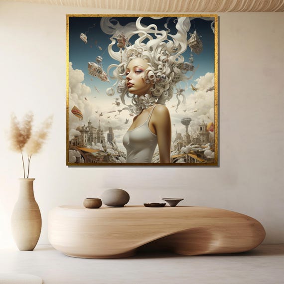 Fantasy Steampunk Woman Canvas Wall Art Surreal White Hair Lady Flying City Elements And Clouds For Elegant Dreamlike Room Atmosphere
